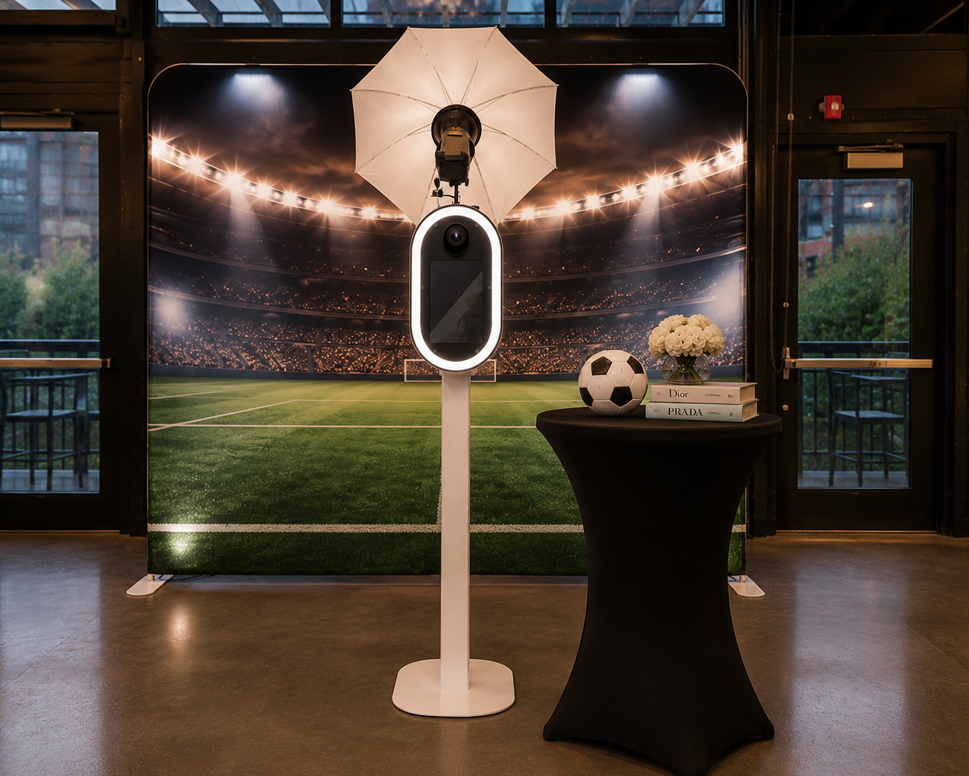 A modern photo booth with umbrella light stands before a soccer stadium backdrop, beside a black cocktail table with a soccer ball.