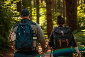 Two hikers with backpacks walk through a lush green forest trail together.