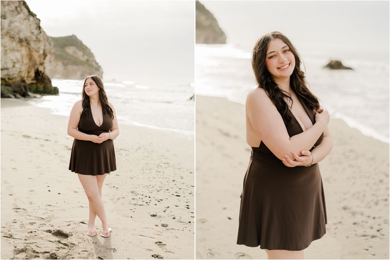 senior photos during a cloudy morning session at Avila Beach featuring a smiling senior in a brown dress. Felisha Connolly Photography