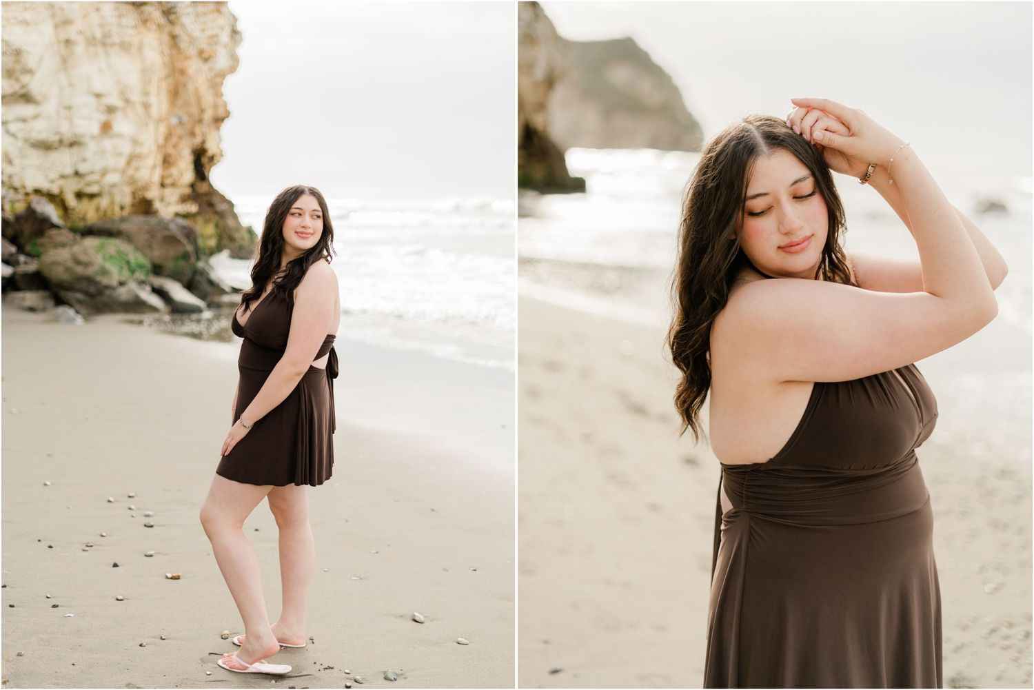 San Luis High senior photos featuring a brown dress and ocean views during a relaxed morning beach session.