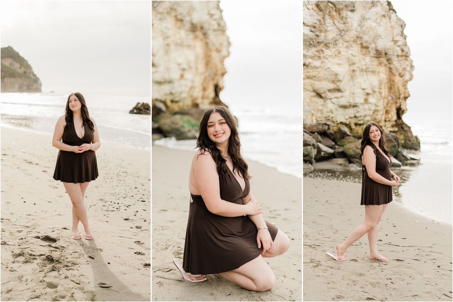 Girl senior photos at Avila Beach with natural beach scenery and a relaxed morning session atmosphere.