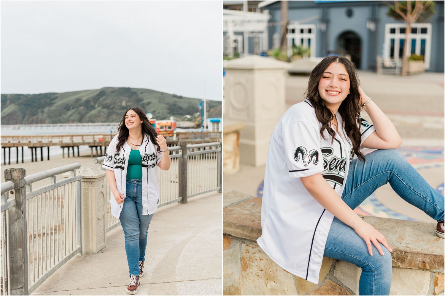 Senior jersey portrait at Avila Beach featuring a San Luis High senior celebrating her achievements by the ocean.