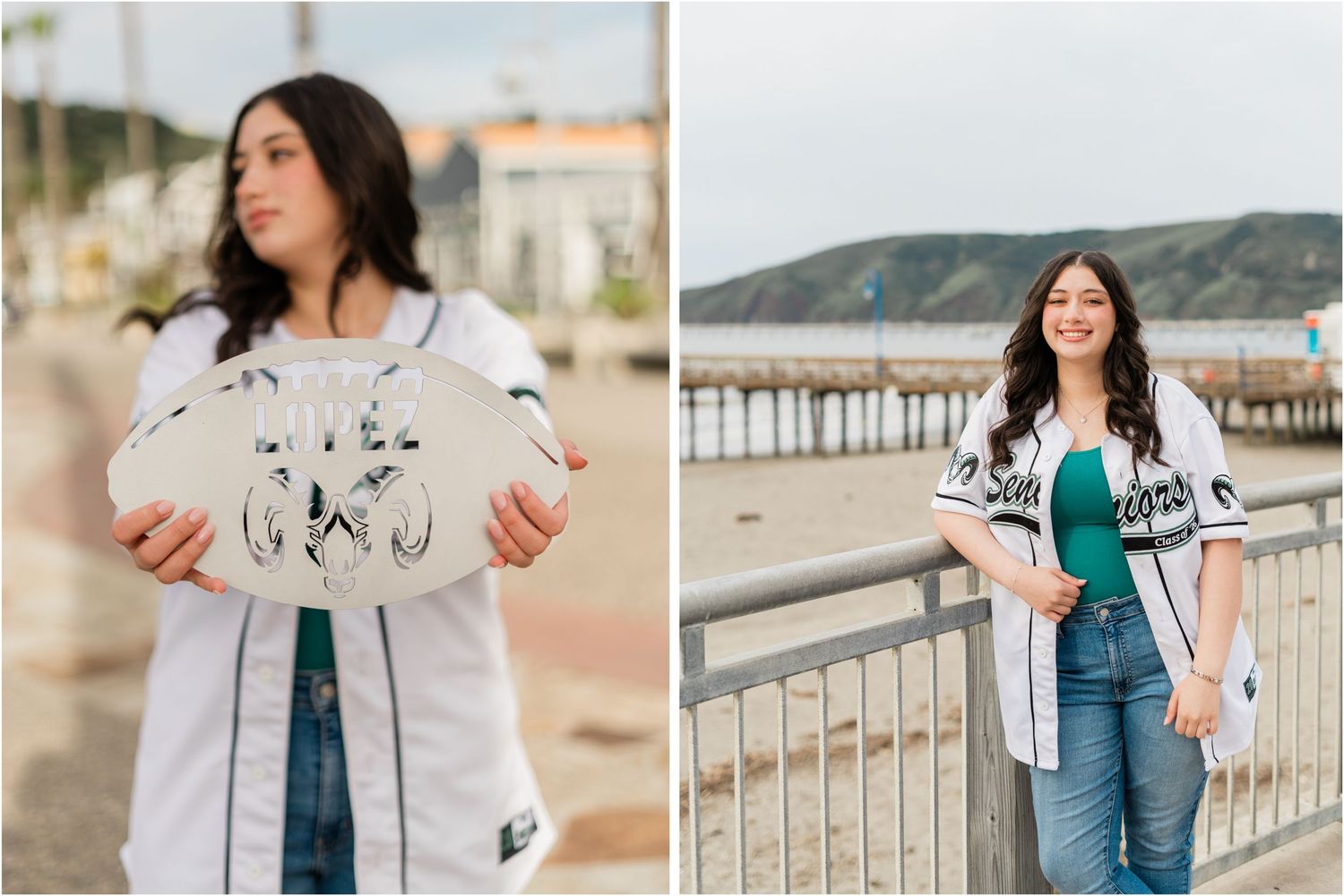 Senior photos in Avila Beach with a senior jersey and coastal backdrop during a beautiful cloudy morning.
