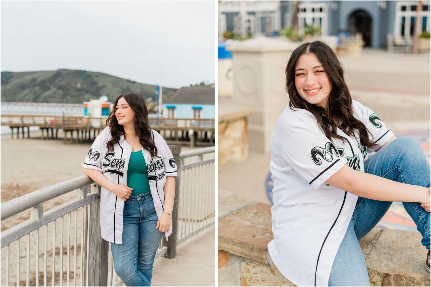 Girl senior photos in a senior jersey captured by a SLO senior photographer during a morning session at the beach.