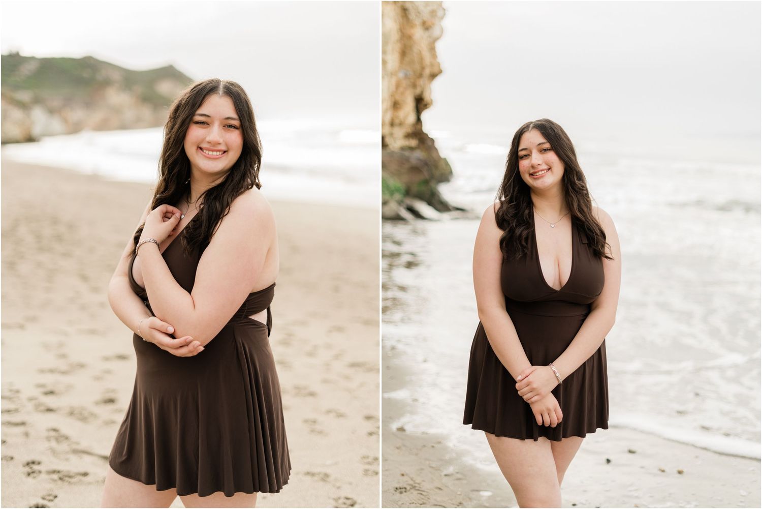 Morning beach session at Avila Beach highlighting girl senior photos with natural poses and coastal scenery.