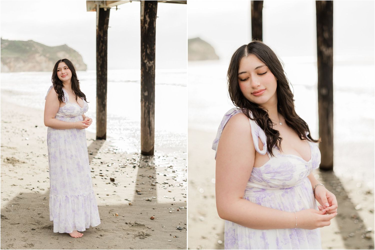 Morning session senior portraits at Avila Beach featuring a girl senior in a purple dress with soft coastal light.
