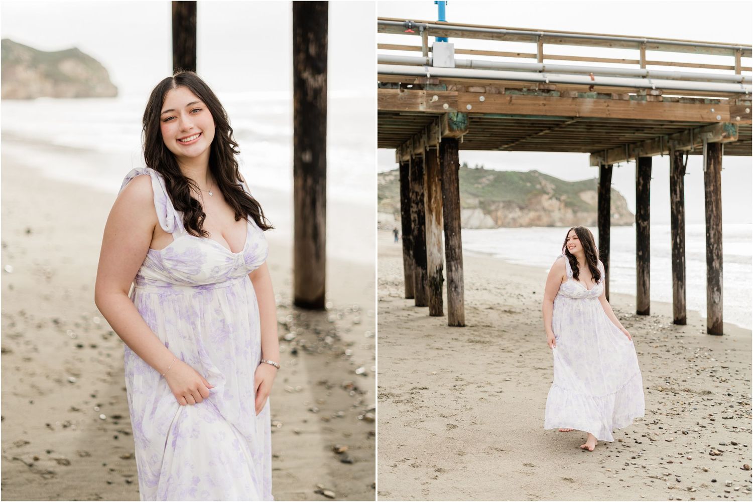 Purple dress senior photos in Avila Beach captured by a senior photographer during a peaceful morning beach session.