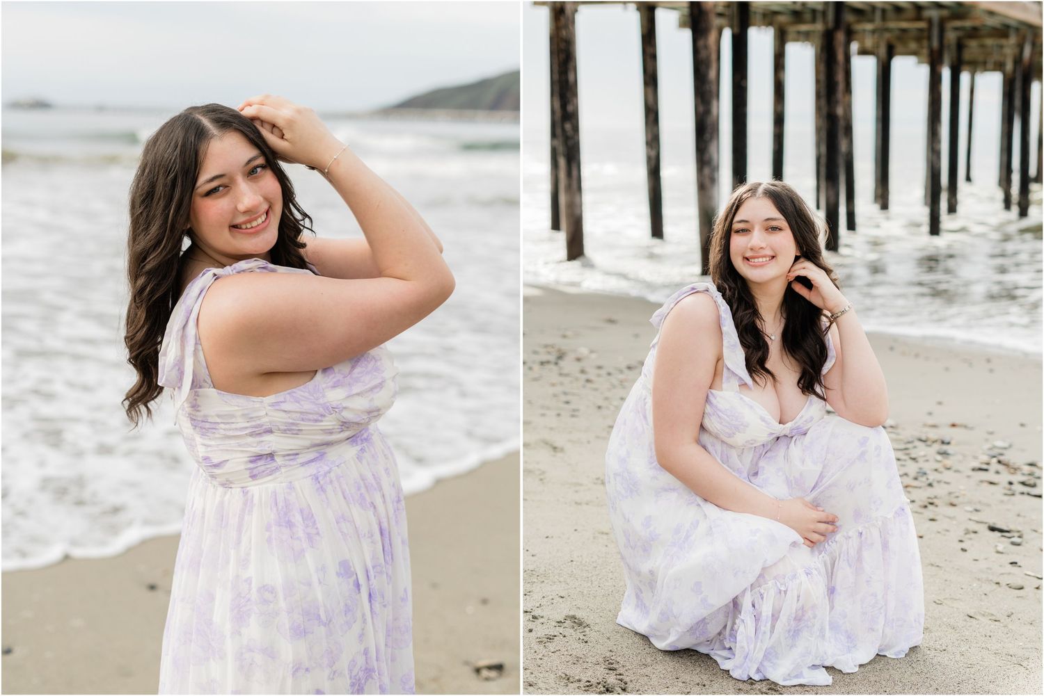 San Luis High senior photos featuring a purple flower dress and ocean views during a relaxed morning beach session.