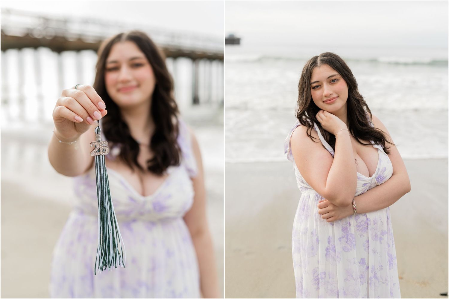 Senior photographer documenting a cloudy morning senior session in Avila Beach with a stunning purple dress.