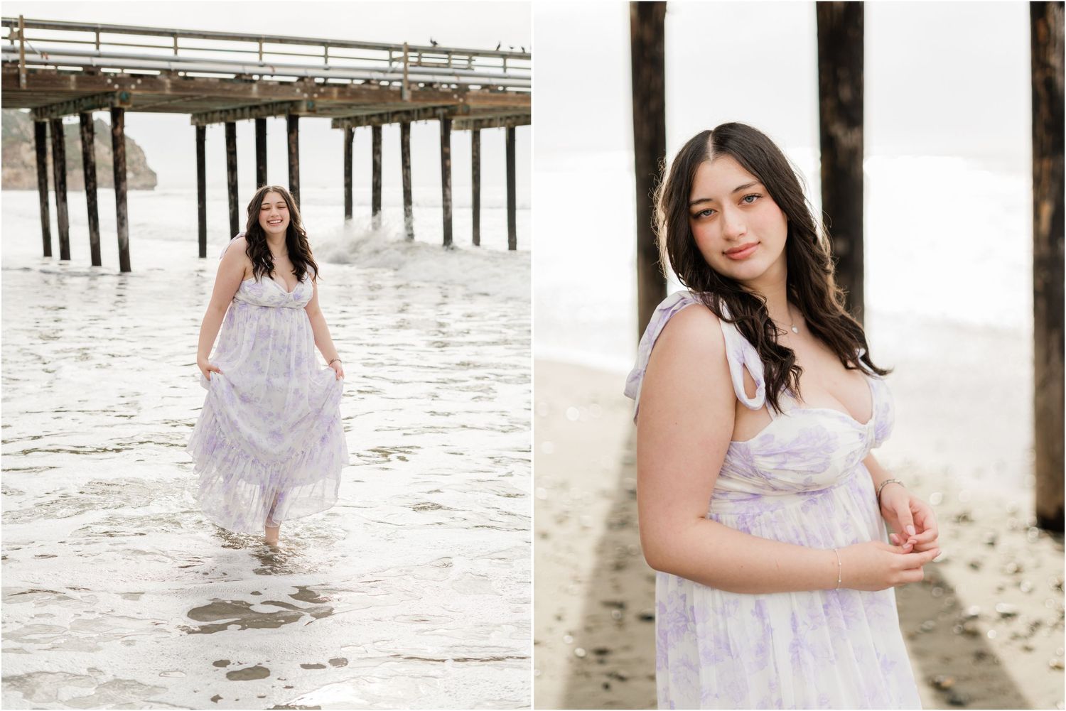 Girl senior photos at Avila Beach with a brown dress during a morning beach session captured by a SLO senior photographer.