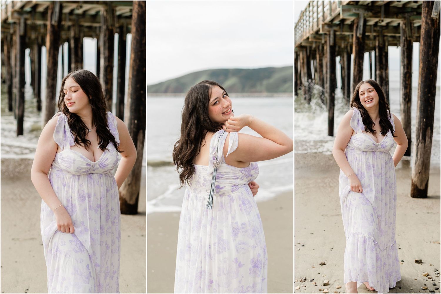 SLO senior photographer capturing out of town senior photos in Avila Beach with a purple flowy dress and beach views.