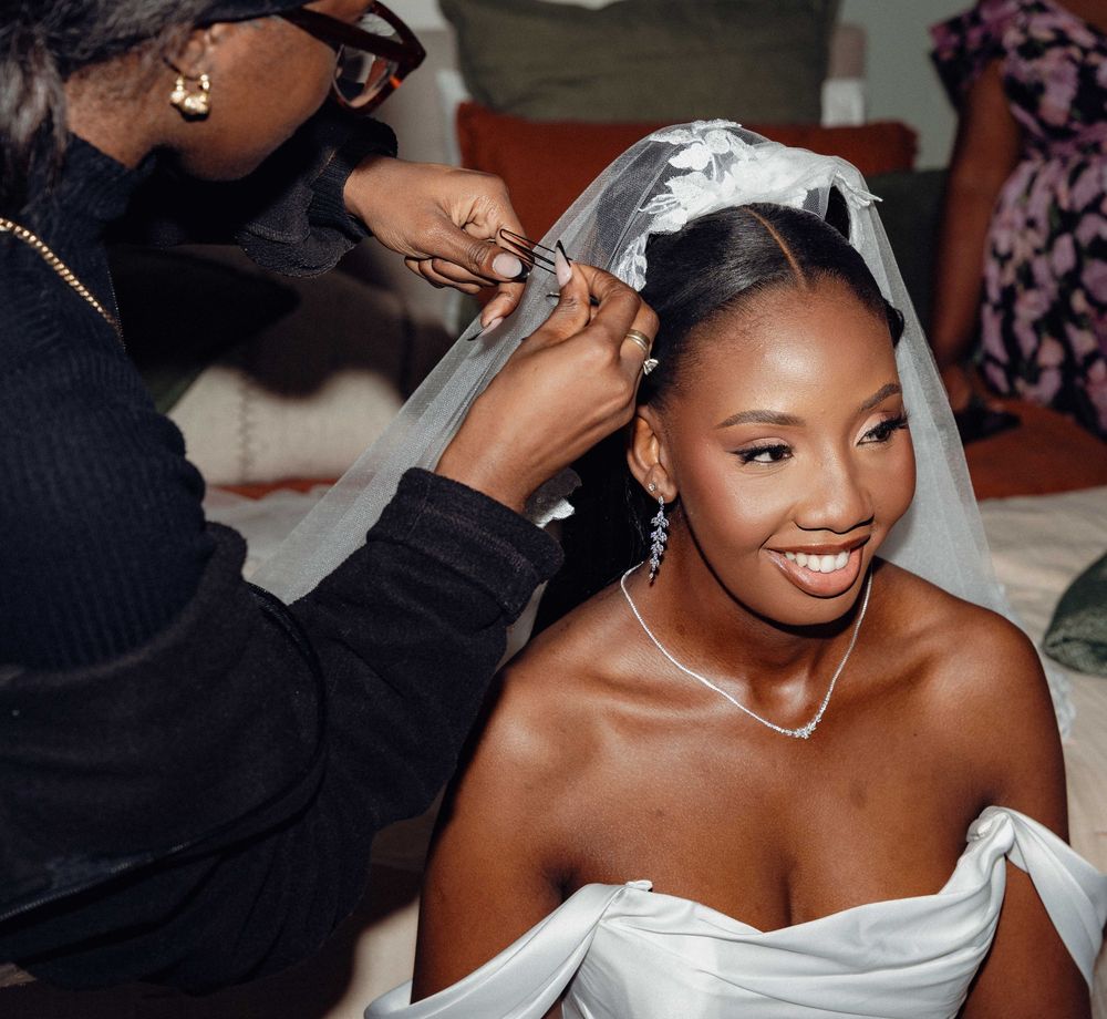 A collage of wedding photos showing a smiling bride in a white off-shoulder gown with elegant jewelry and makeup.