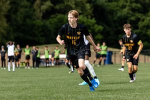 Soccer players in black and yellow uniforms compete on a sunny grass field during a match.