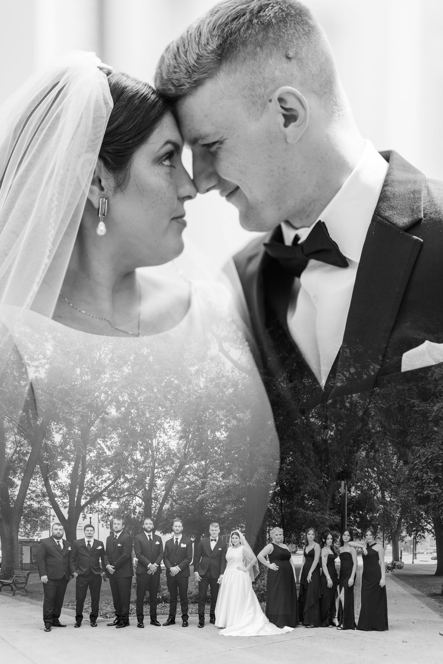 A romantic black and white wedding photo collage showing intimate moments between newlyweds with their wedding party outdoors.