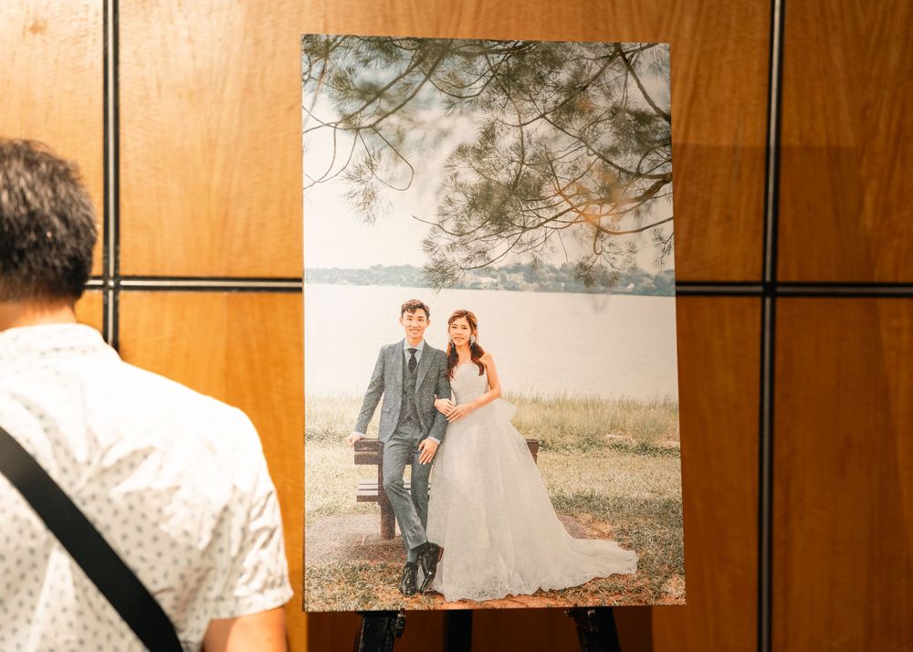 Wedding couple poses in a series of artistic photo frames showing romantic moments and candid shots.