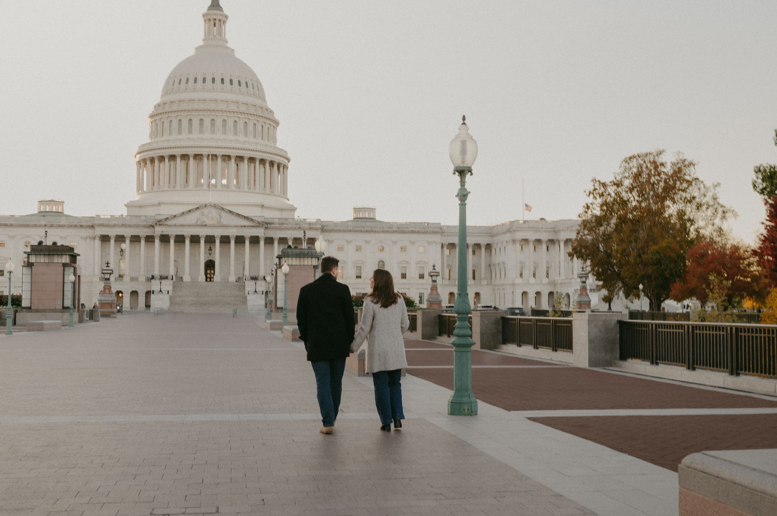 Multiple views of a couple walking and posing near the United States Capitol Building in Washington DC.