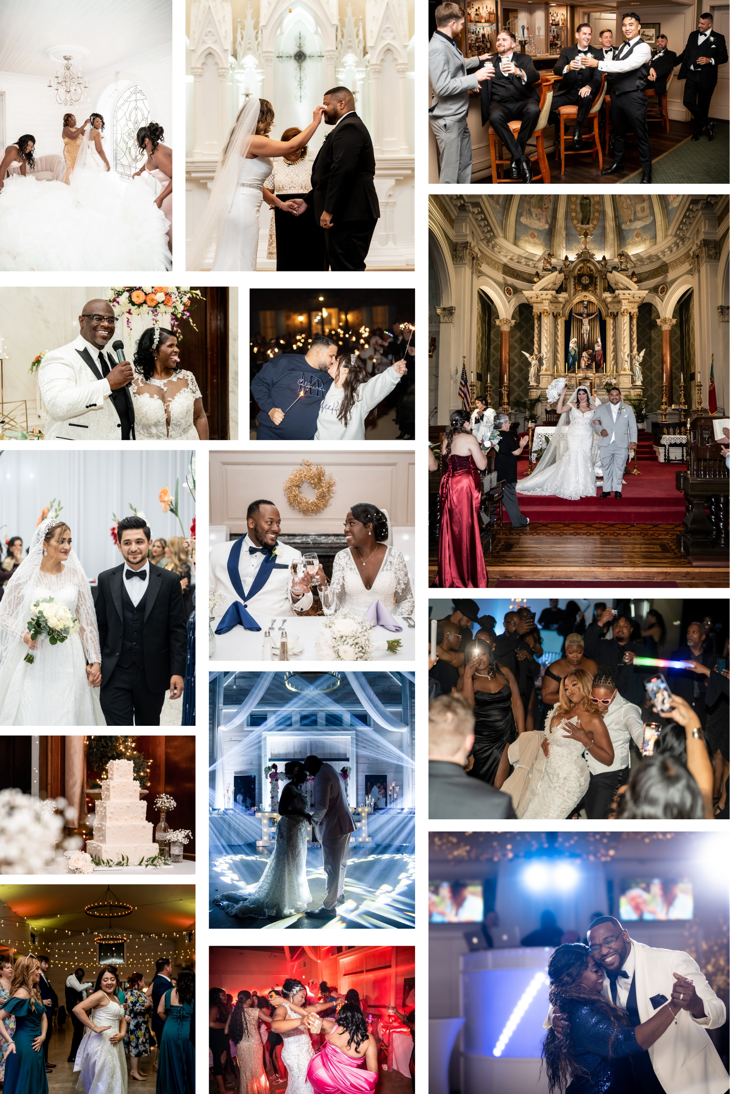 A collection of wedding ceremony and reception photos showing elegant church ceremonies and lively dance floor celebrations.