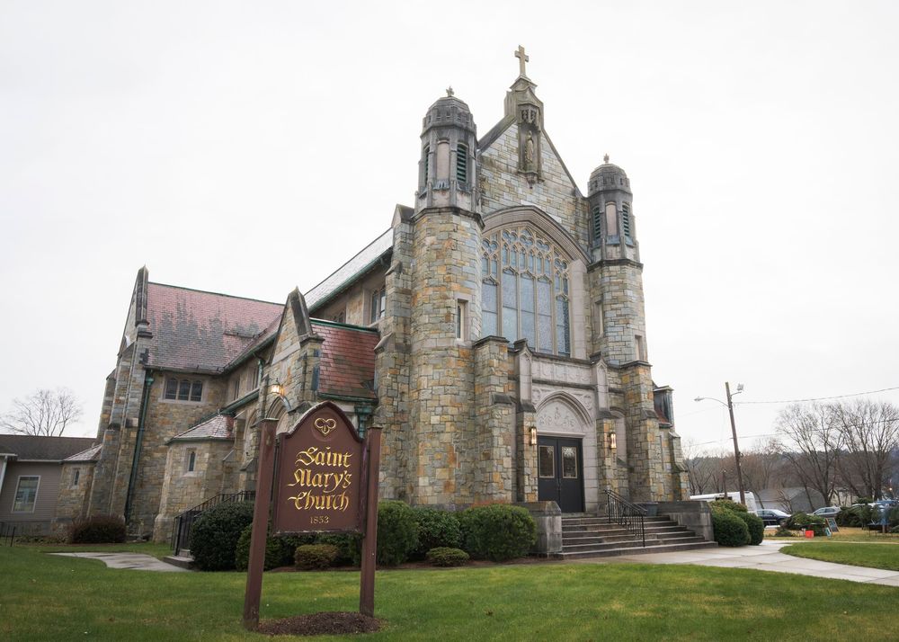 Stone church buildings with Gothic architecture photographed from different angles showing exterior views.