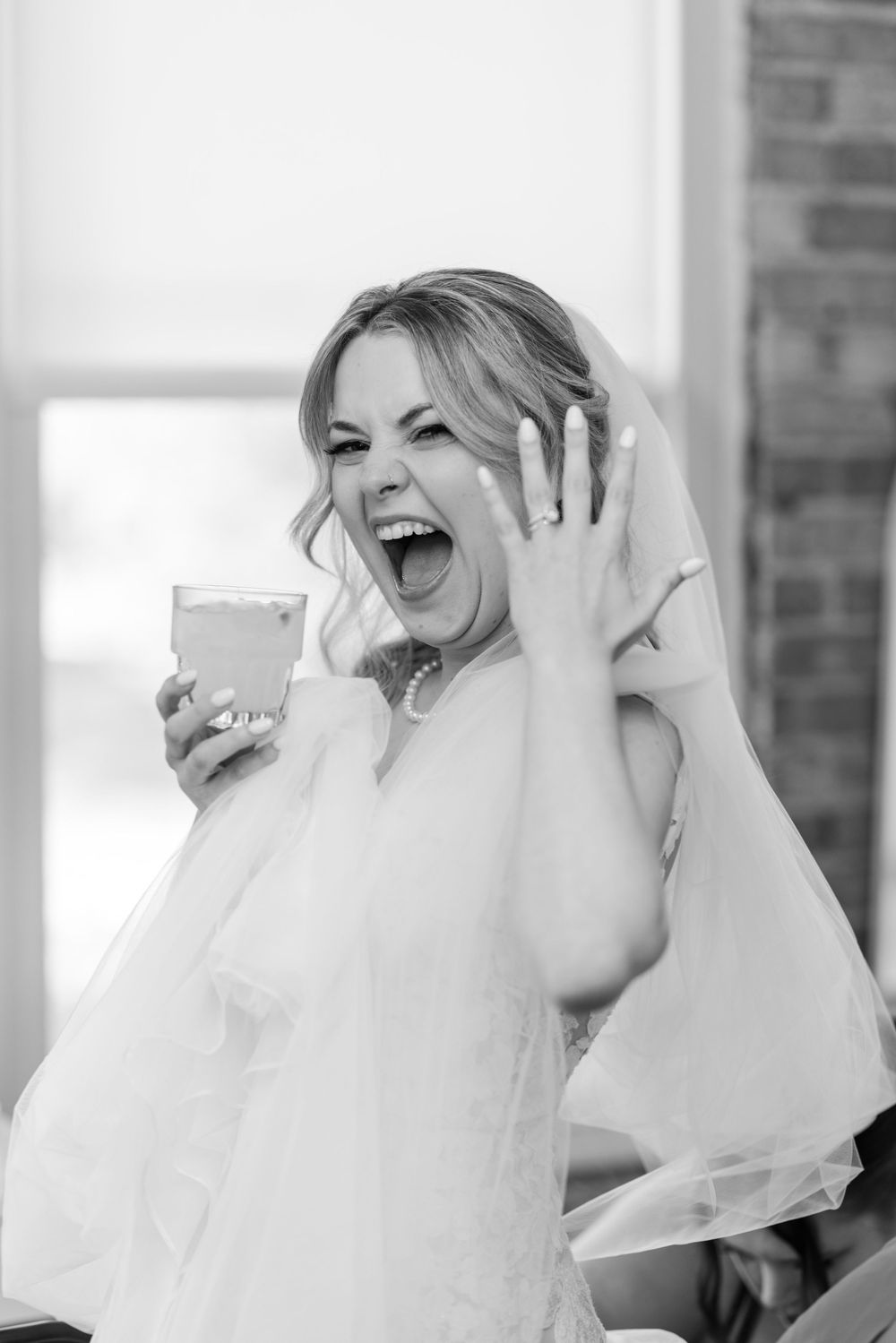 A series of joyful candid moments showing a bride in her white veil laughing during a wedding photoshoot.