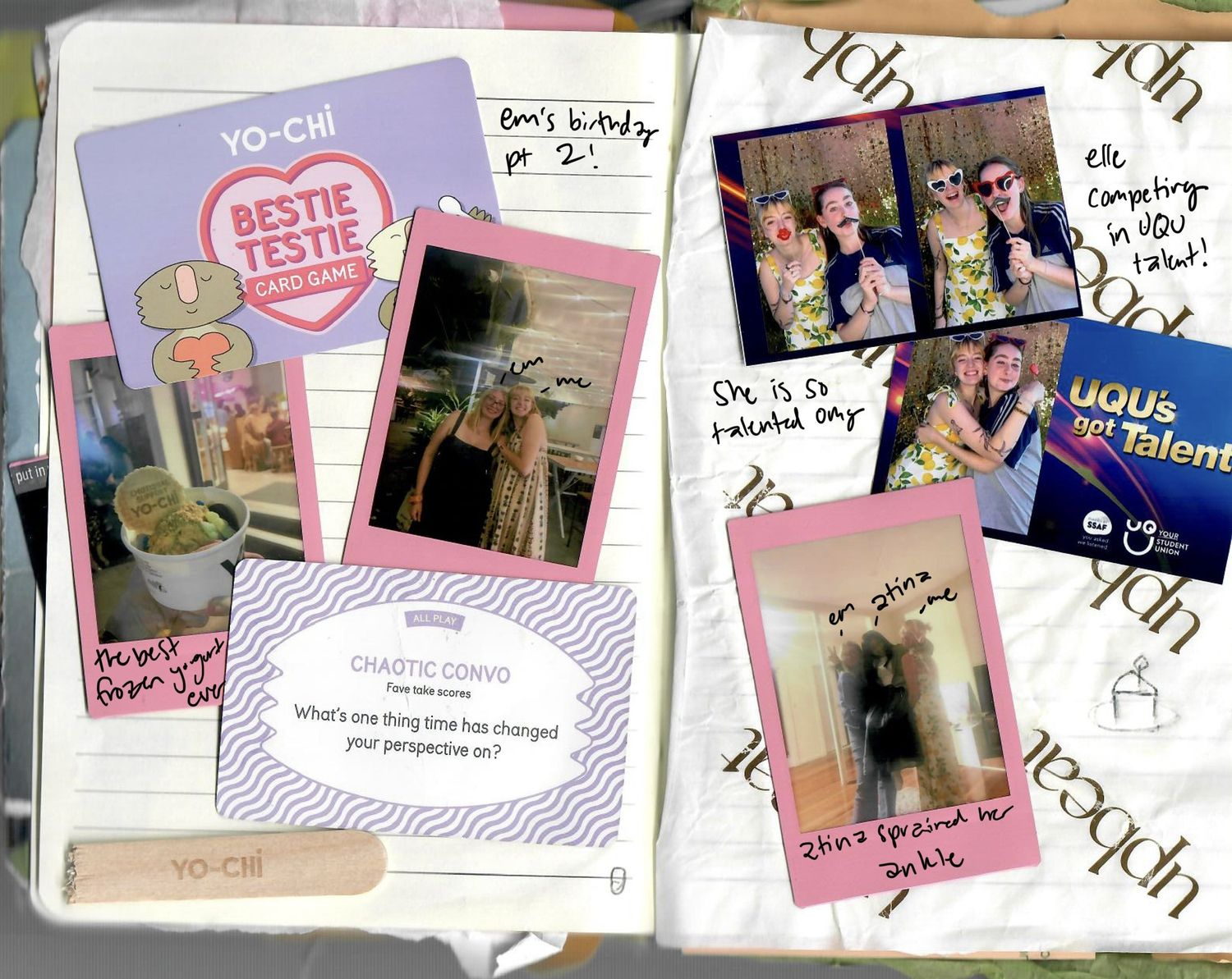 A collage of vintage-style polaroid photos arranged in a horizontal layout with text overlays and decorative elements.
