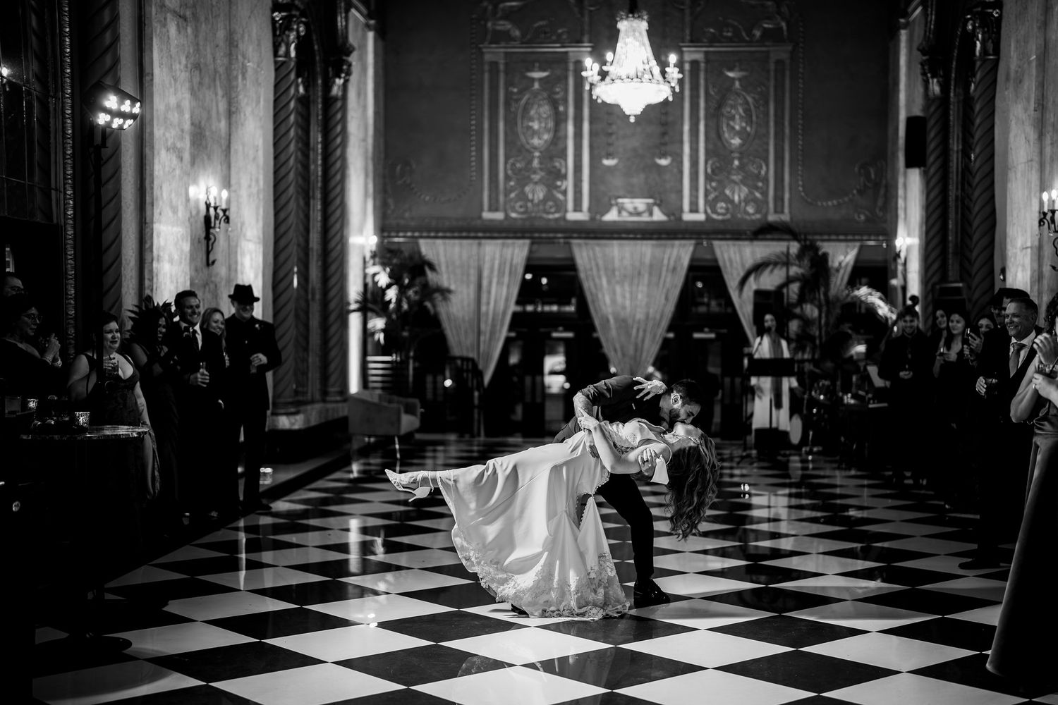 Black and white first dance photography of Buffalo NY wedding couple