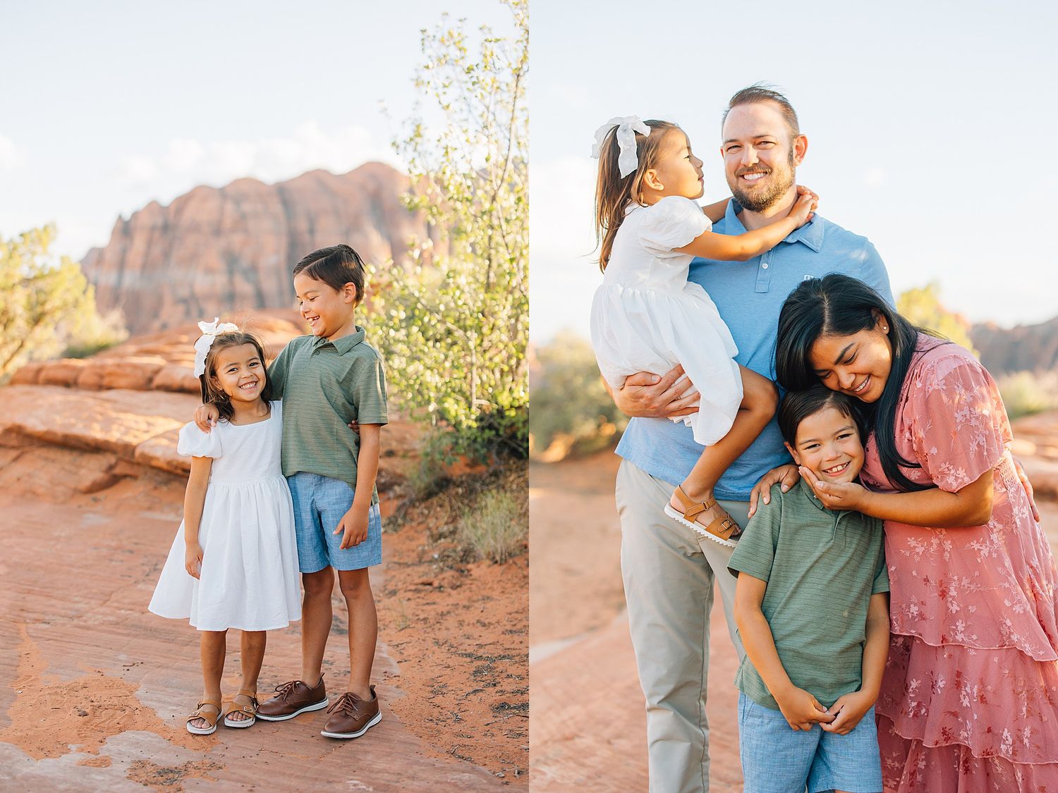 Joyful family moments photographed against stunning desert landscape at sunset.