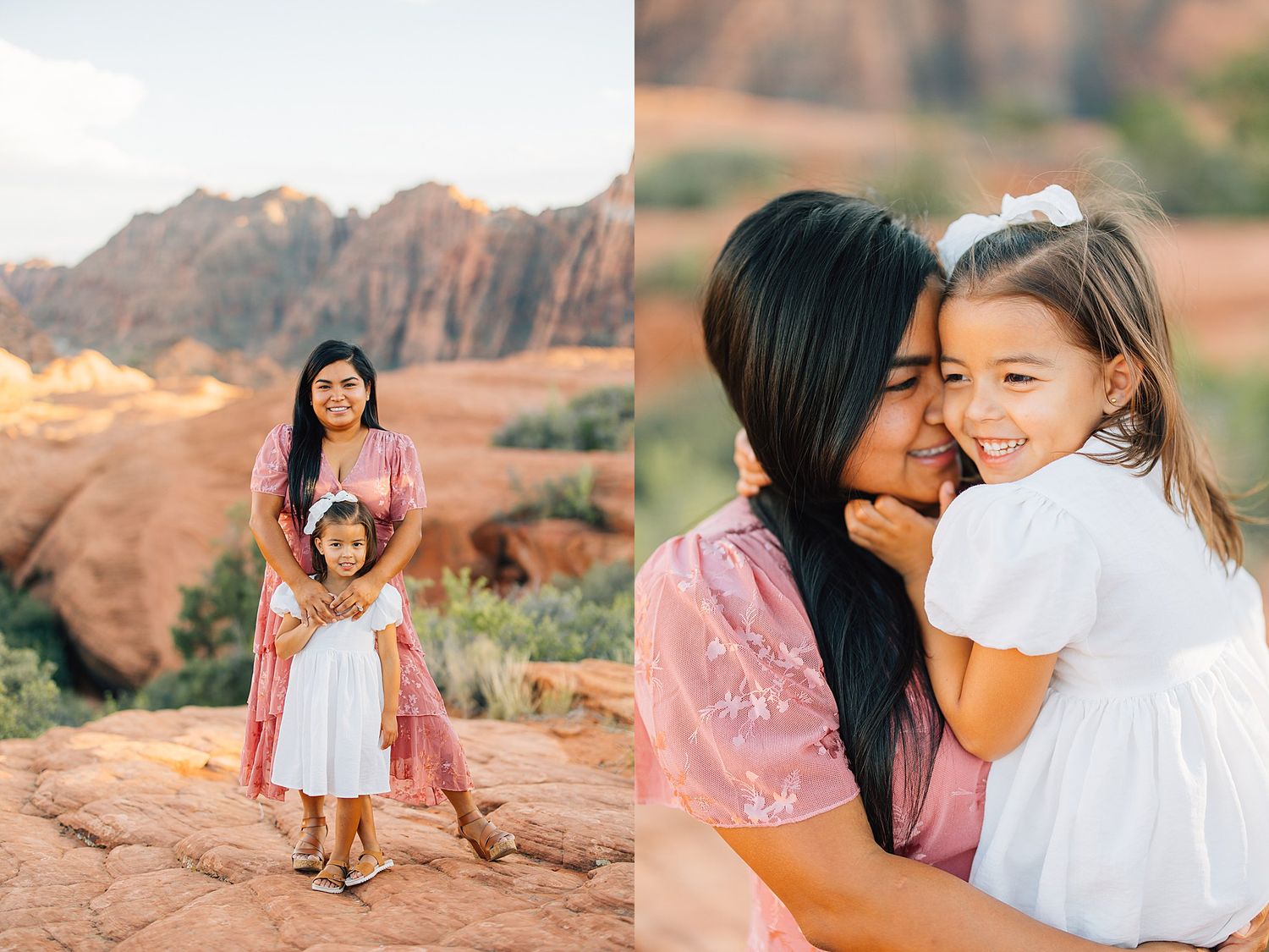 Sweet candid moments captured during desert photo session with pink and white outfits.