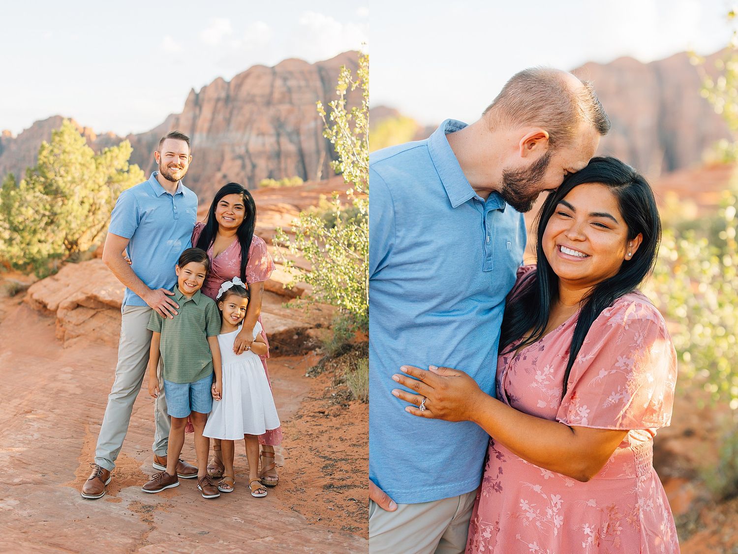Couple enjoying a romantic moment together against stunning red rock formations in a desert landscape.