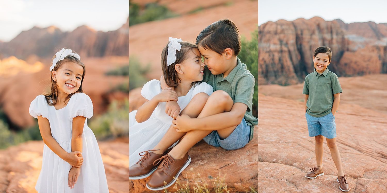 Family walking together on red sandstone formations during golden hour in the desert.