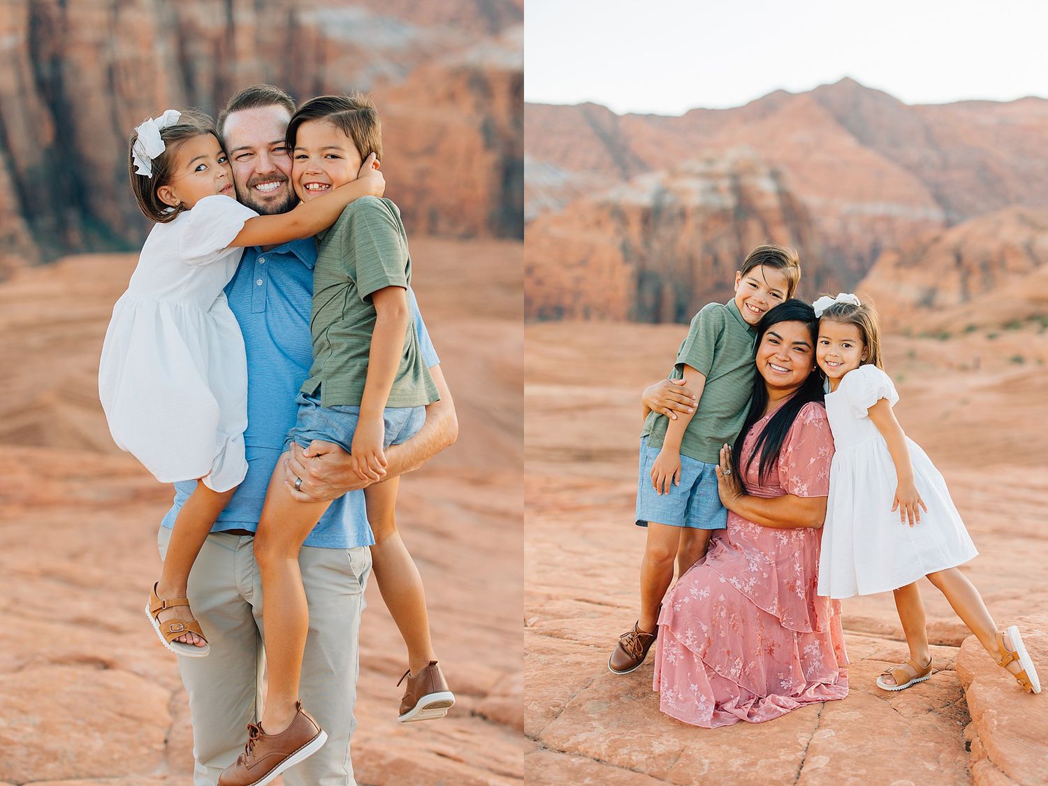 Candid moments of family bonding on red rock formations in desert wilderness.