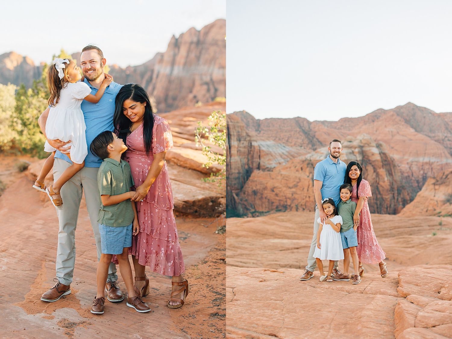 Family sharing joyful moments together on red desert rocks during sunset.