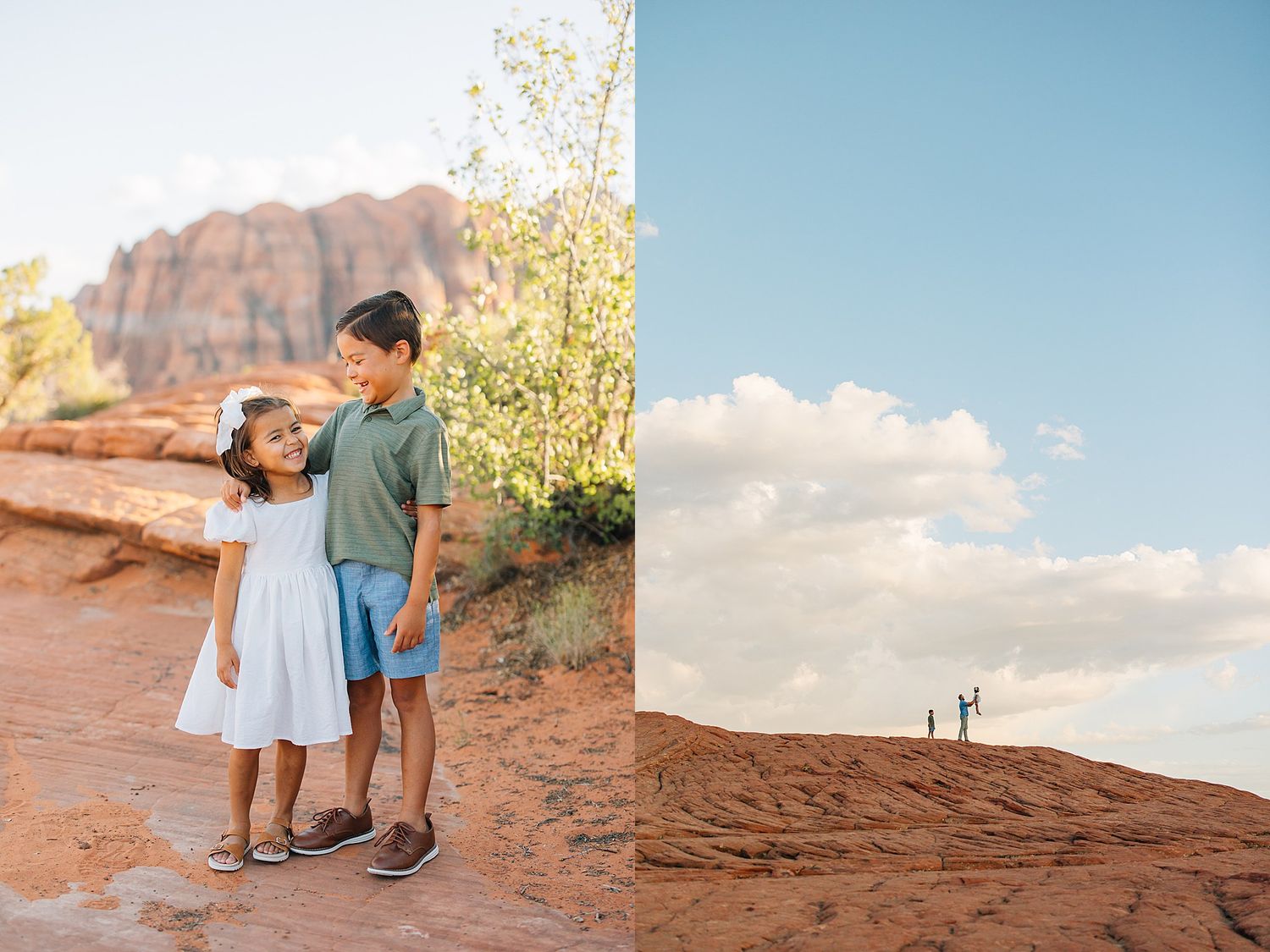 Family enjoying outdoor adventure among desert rock formations under blue skies.