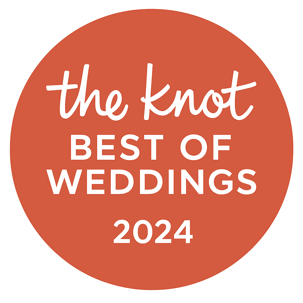 The Knot Best of Weddings 2024 logo in white text on a terracotta orange circular background.