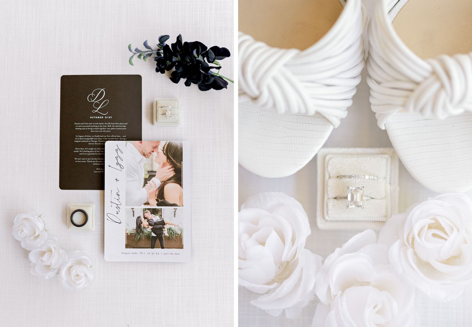 Wedding invitation cards and white peep toe shoes displayed with delicate white roses and ring box details.