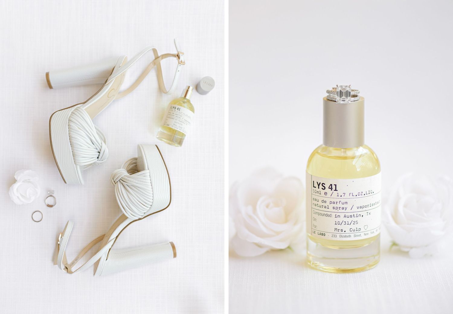Elegant white bridal heels and perfume bottle styled with delicate white roses on light gray background.
