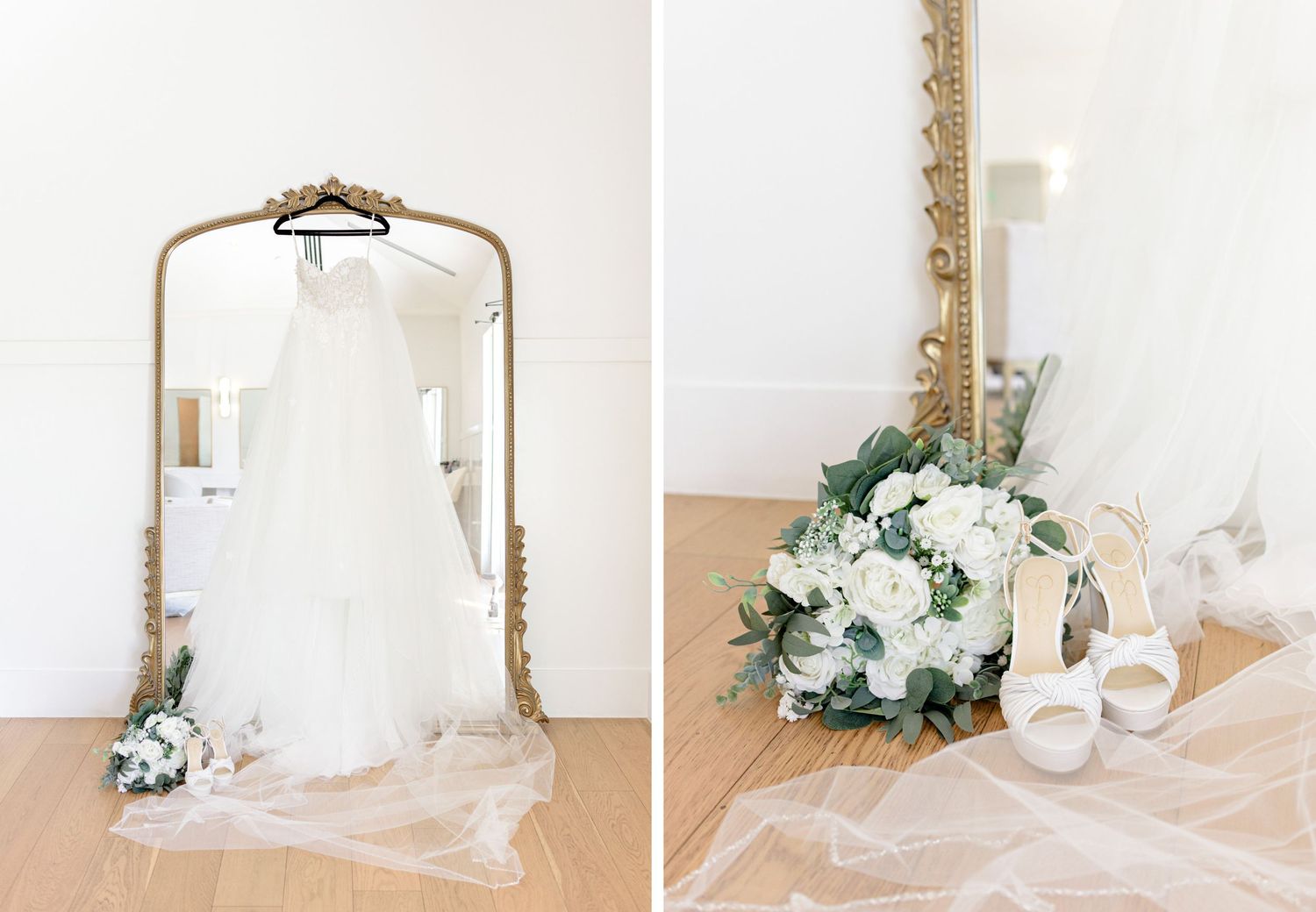 A collection of elegant white floral arrangements and decor items displayed against neutral backgrounds in a wedding setting.