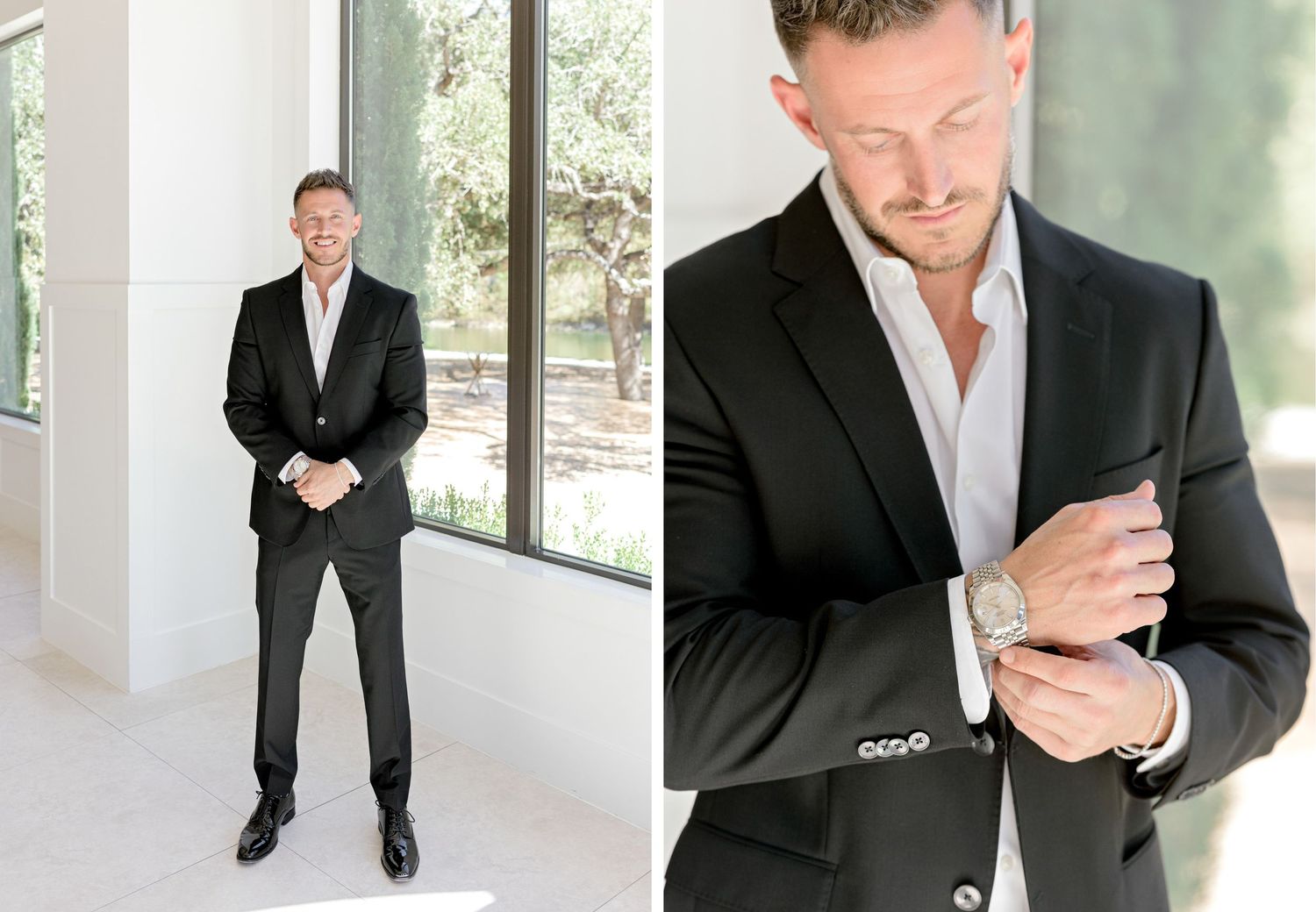 Professional wearing a black suit and white shirt adjusts cuff links in an elegant indoor setting with natural light.