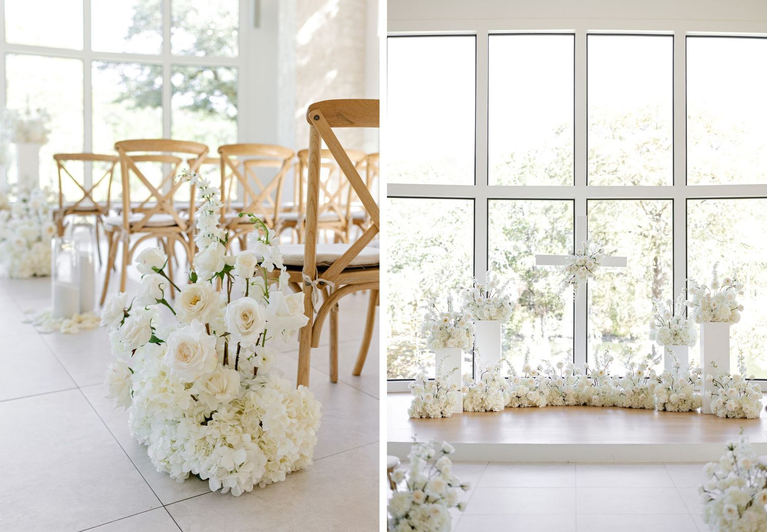 Elegant wedding reception decor with white hydrangeas and wooden cross-back chairs in a bright sunlit venue.