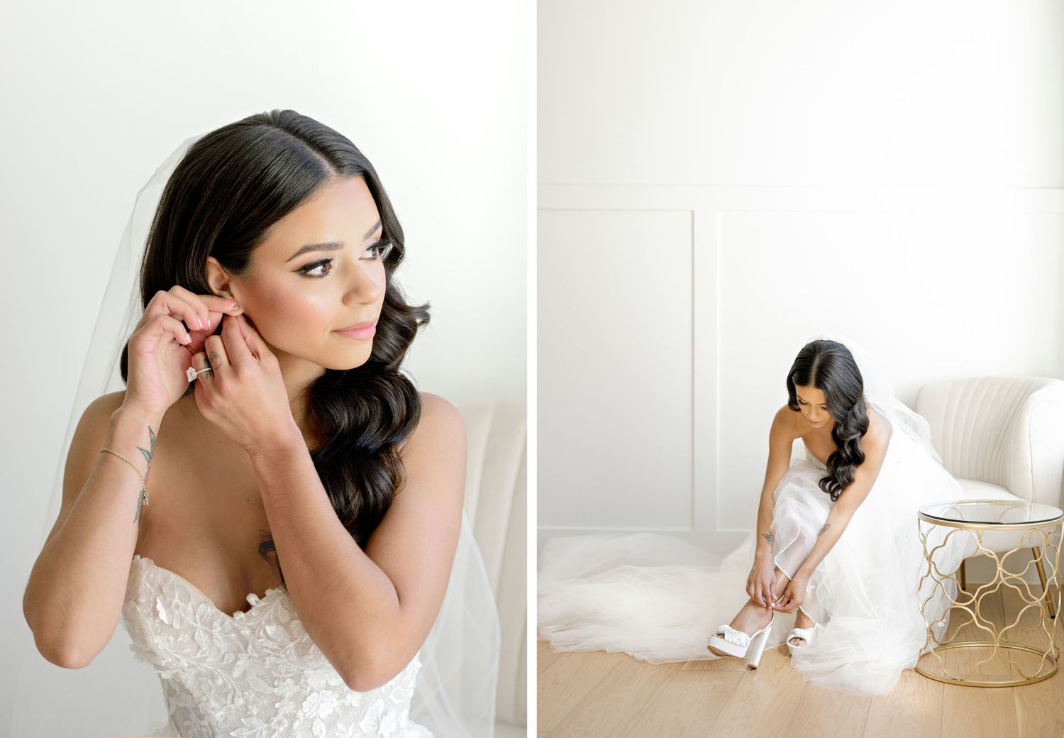 A sequence of elegant bridal portraits showing graceful poses and details of a white lace wedding gown in a bright setting.