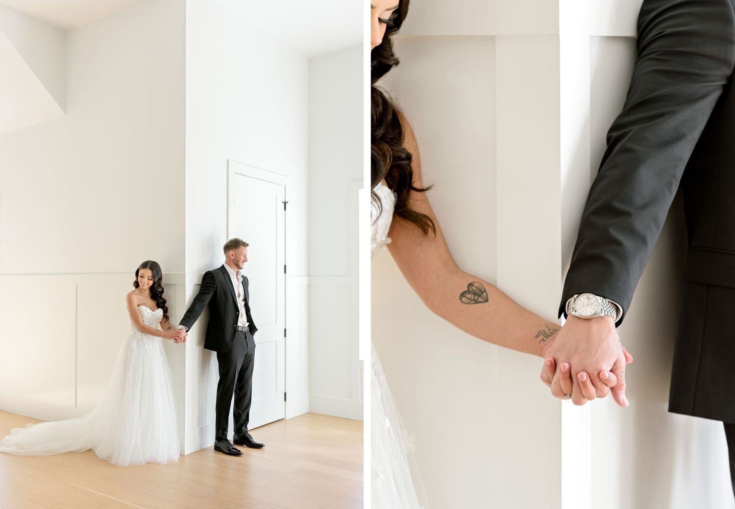 Two romantic wedding photos side by side showing a couple in formal attire and a close-up of their joined hands.