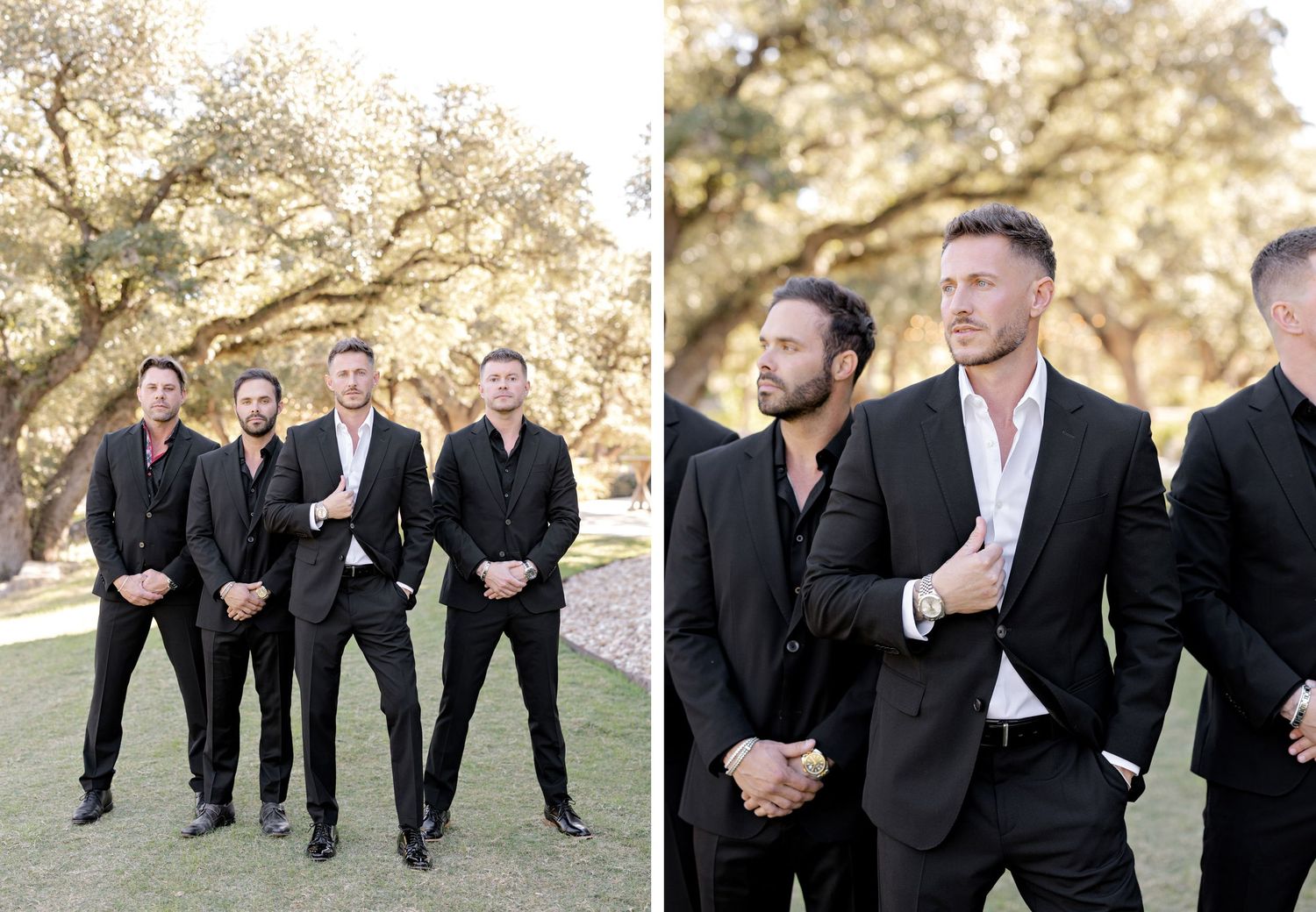 Group wearing black suits poses together in outdoor setting with autumn trees in background.