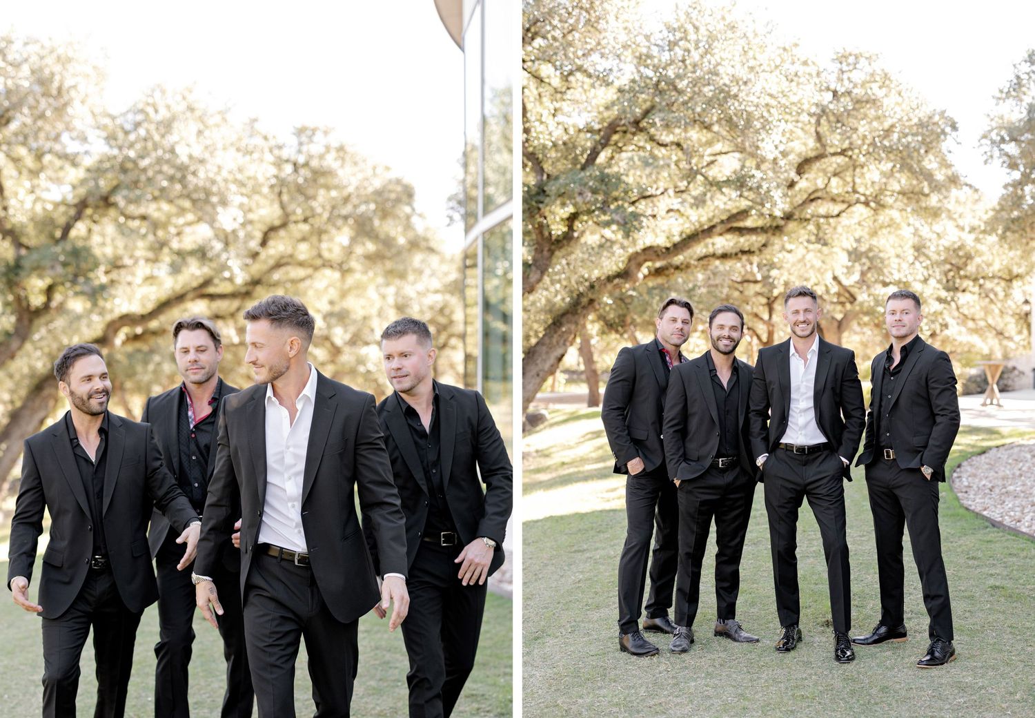Wedding party members in black suits gather for photos outdoors under oak trees.