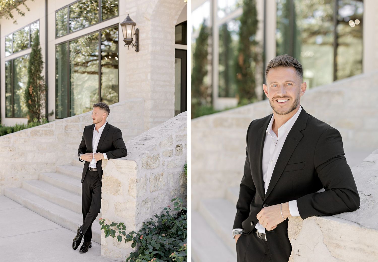A series of elegant wedding party photos taken against a light stone wall backdrop with greenery and classic architecture.