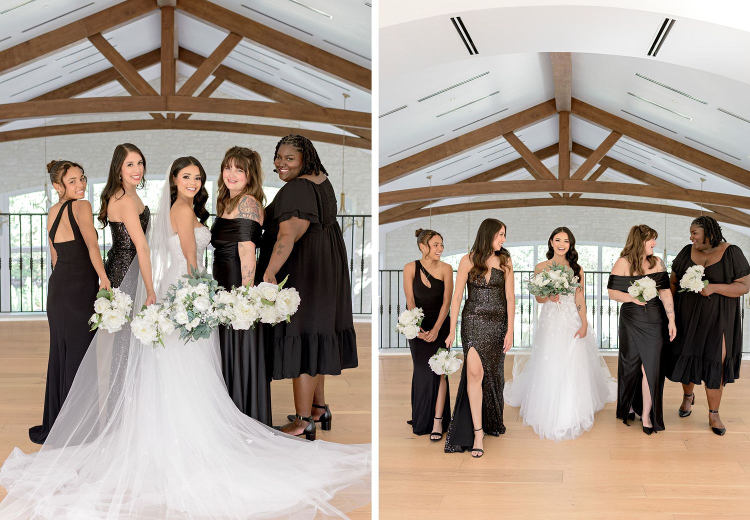 Bridal party in elegant black dresses poses together in a modern white chapel venue for wedding photos.
