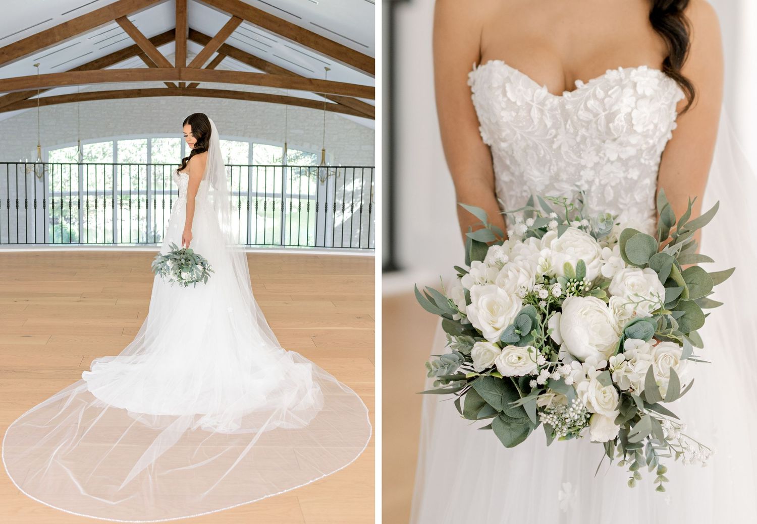 A collage of wedding dress details featuring delicate lace patterns, floral arrangements, and flowing white fabric.