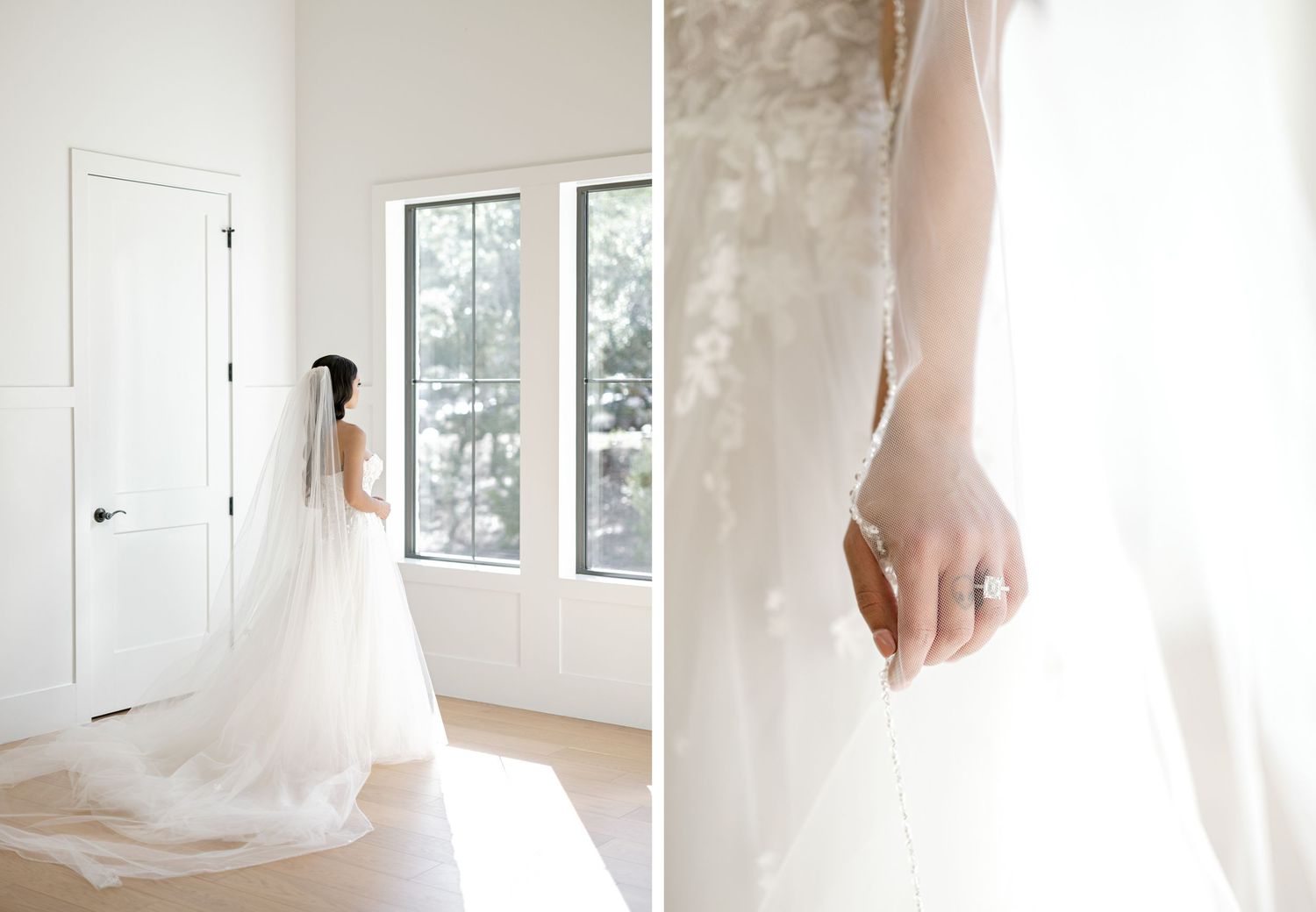 A series of ethereal bridal portraits showing flowing white wedding gowns in a bright, sunlit room.