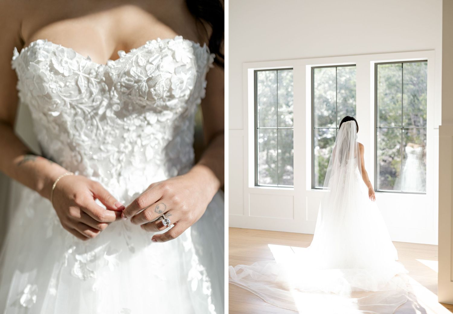 Detailed close-up shots of a white beaded wedding dress bodice with intricate floral lace appliques and sequins.