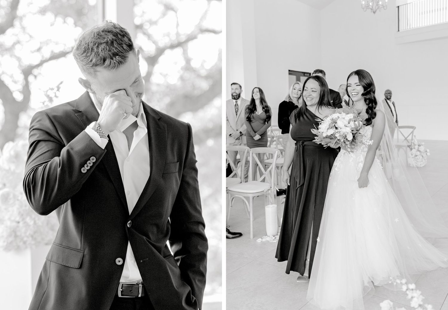 A series of black and white wedding photos showing romantic moments between a couple in formal attire.