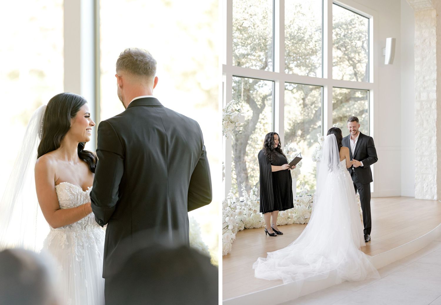 Two wedding ceremony moments captured side by side in a bright white venue with large windows.