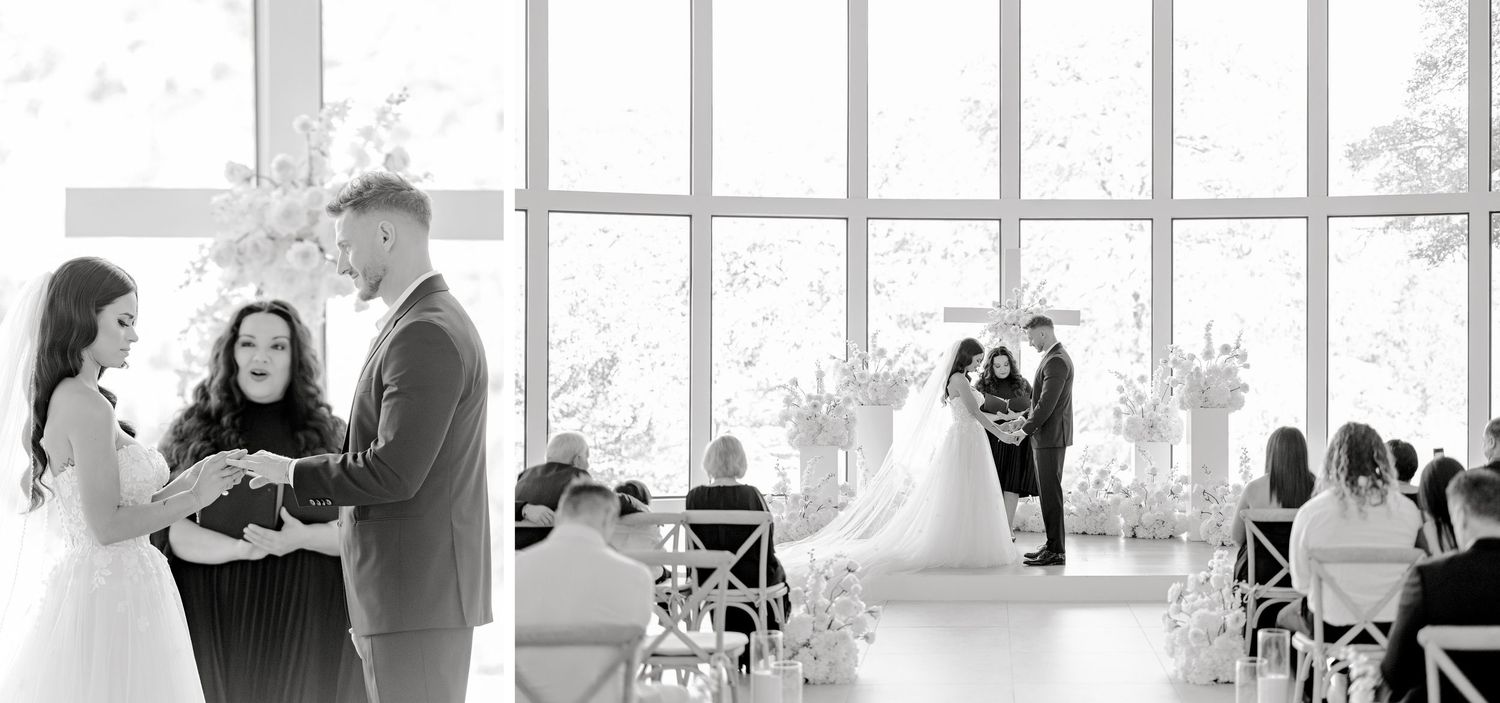 Panoramic view of an elegant wedding ceremony in a light-filled venue with white decor and standing guests.